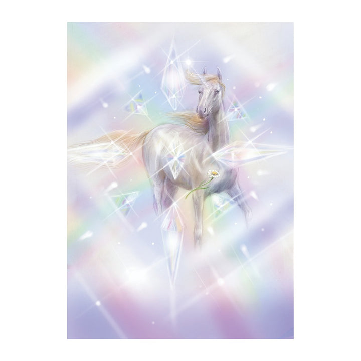 Unicorn in a burst of crystal light, card art from The Magic of Unicorns Oracle Cards