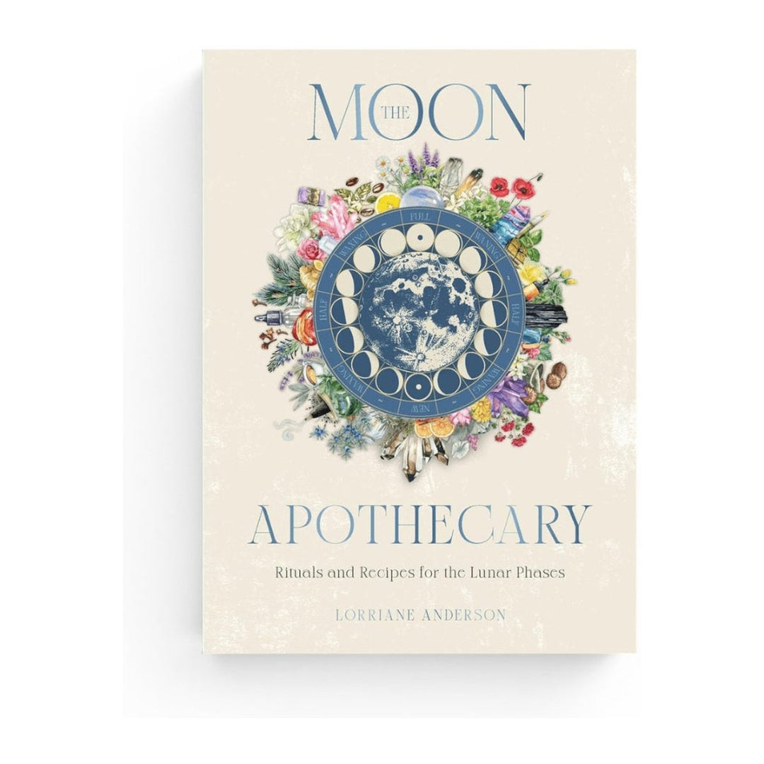 The Moon Apothecary by Lorriane Anderson, front cover with moon phases framed by flowers