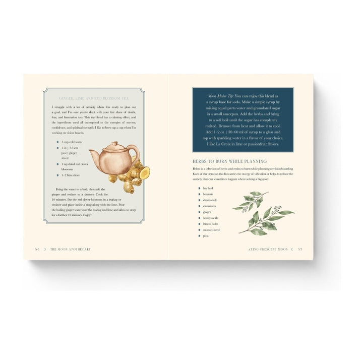 The Moon Apothecary pages with a moon tea recipe and a list of herbs