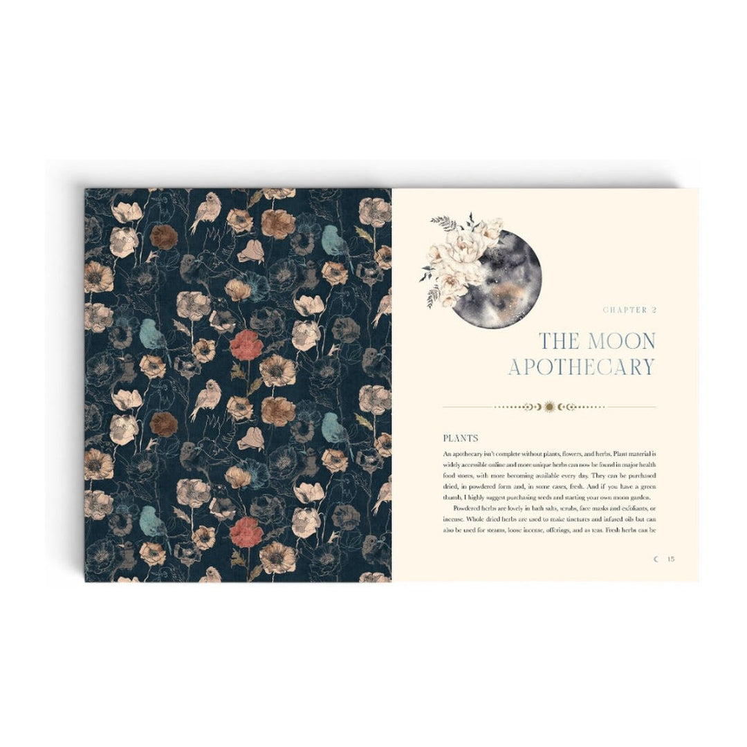 The Moon Apothecary pages opening The Moon Apothecary chapter, with a floral pattern