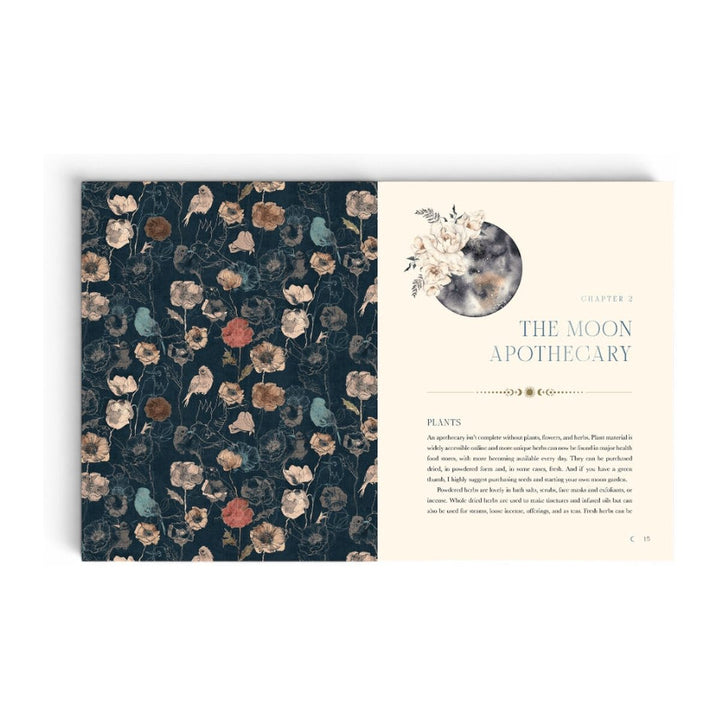The Moon Apothecary pages opening The Moon Apothecary chapter, with a floral pattern