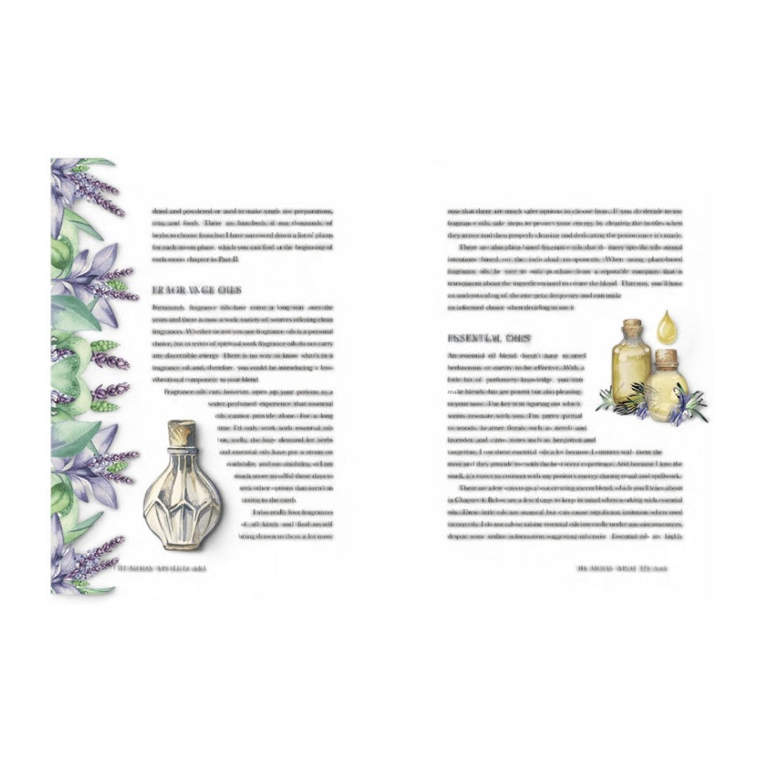 The Moon Apothecary text pages with lavender and potion bottle illustrations