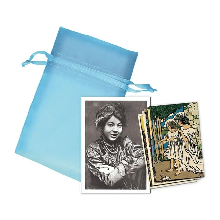 Blue organza bag and postcards from The Pamela Colman Smith Commemorative Set