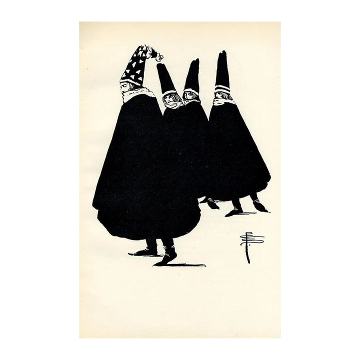 Postcard of three figures in black cloaks and pointed hats, from The Pamela Colman Smith Commemorative Set