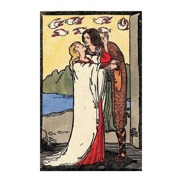 Postcard of a couple embracing beneath white doves, from The Pamela Colman Smith Commemorative Set