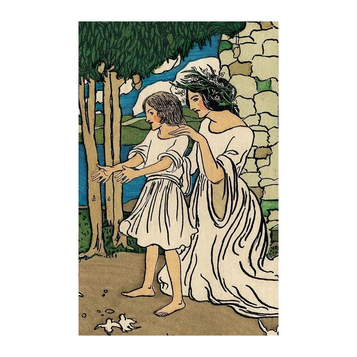 Postcard of two women by a stone wall, from The Pamela Colman Smith Commemorative Set