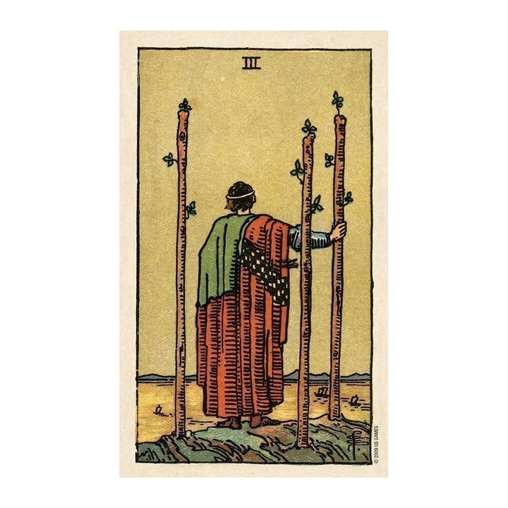 Three of Wands card from The Pamela Colman Smith Commemorative Set