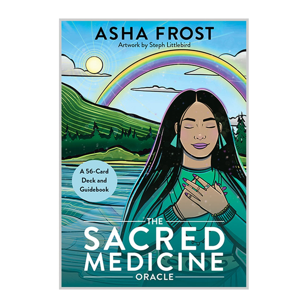The Sacred Medicine Oracle box front by Asha Frost, showing a woman with her hand on her heart