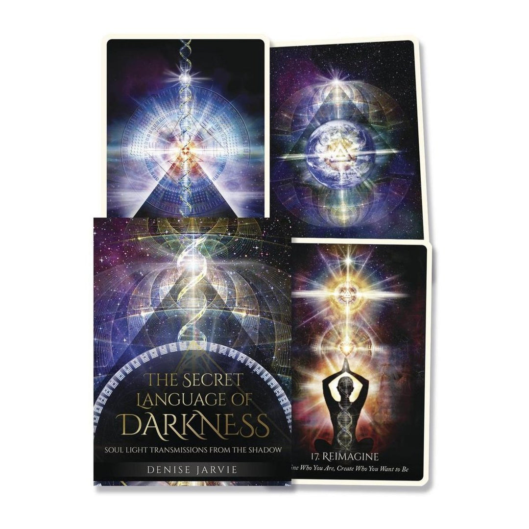 The Secret Language of Darkness Oracle box by Denise Jarvie, with three cards