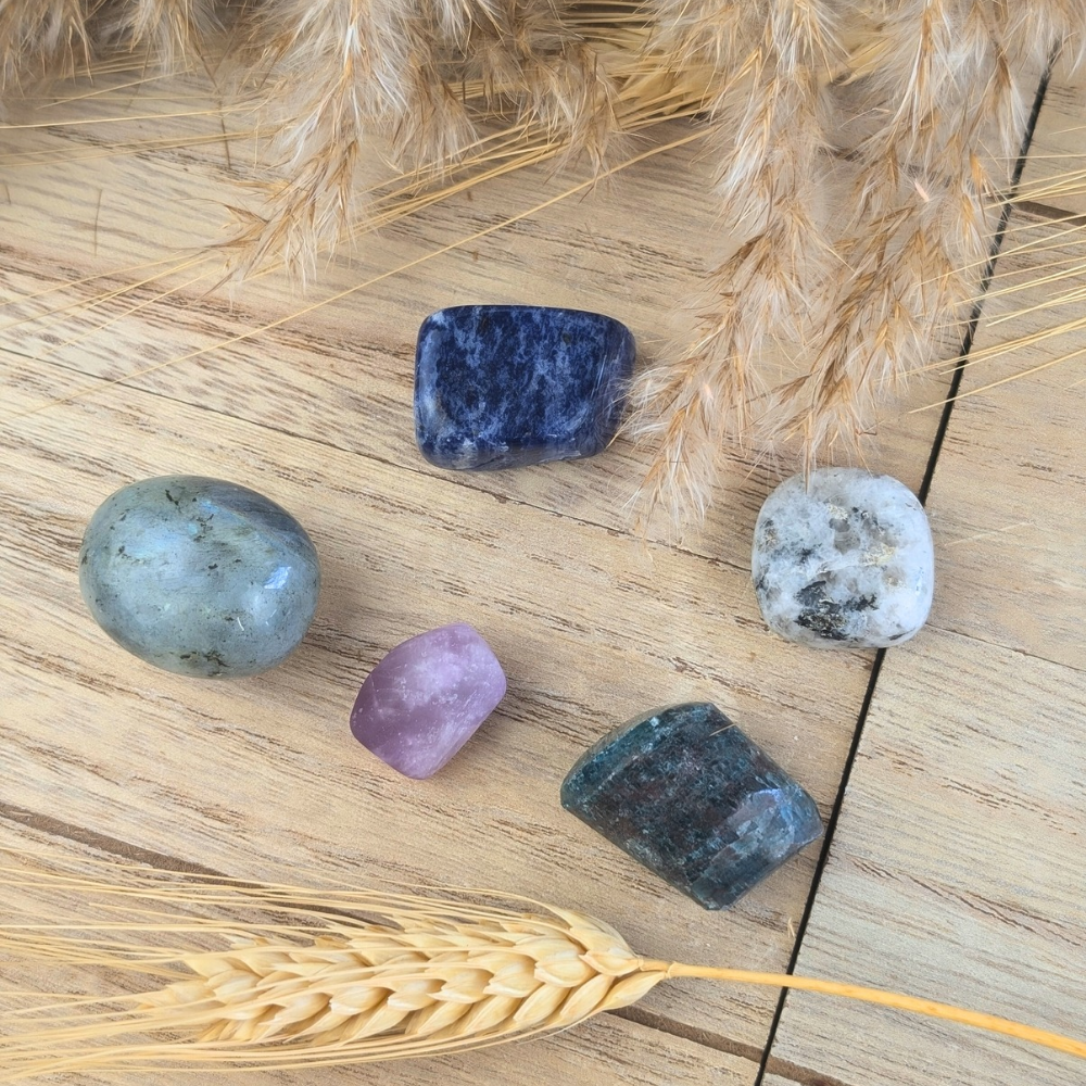 Third Eye Crystal set includes 5 tumbles that will awaken your intuition 