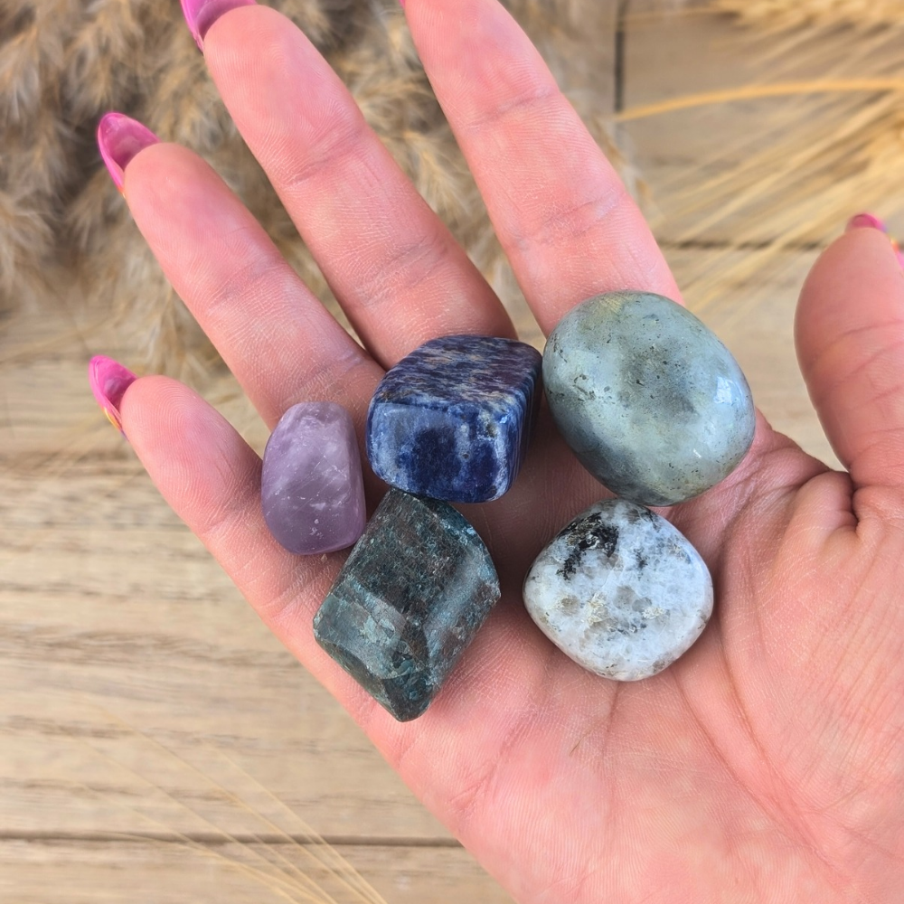 Third Eye Crystal set includes 5 tumbles that will awaken your intuition 