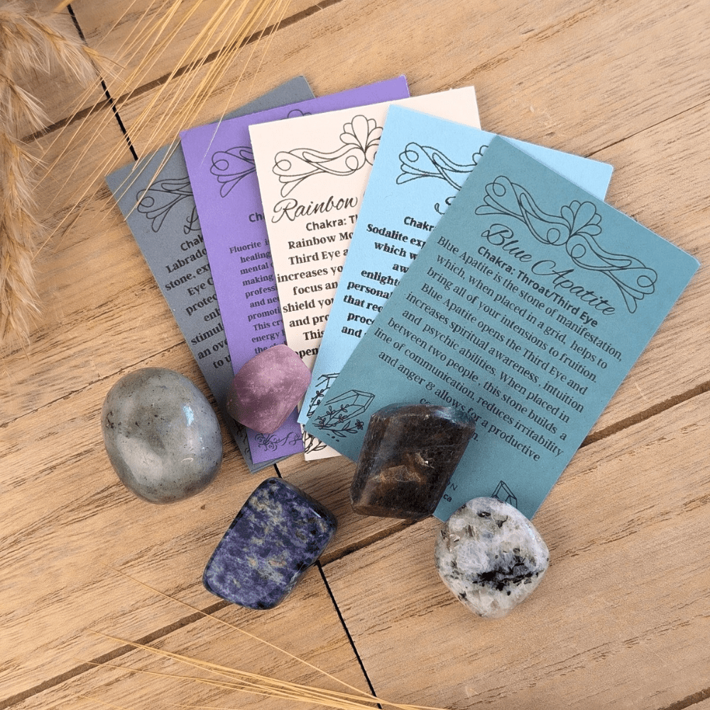 Third Eye Crystal set includes 5 tumbles that will awaken your intuition 