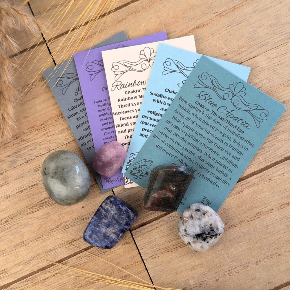 Third Eye Crystal set includes 5 tumbles that will awaken your intuition 