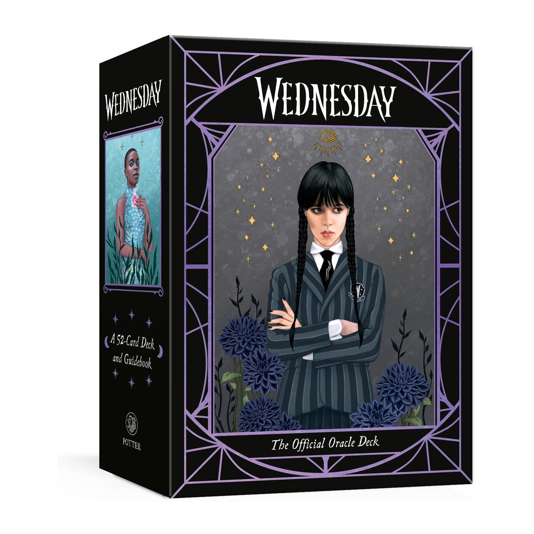 Wednesday: The Official Oracle Deck box front, with a girl in a striped school uniform