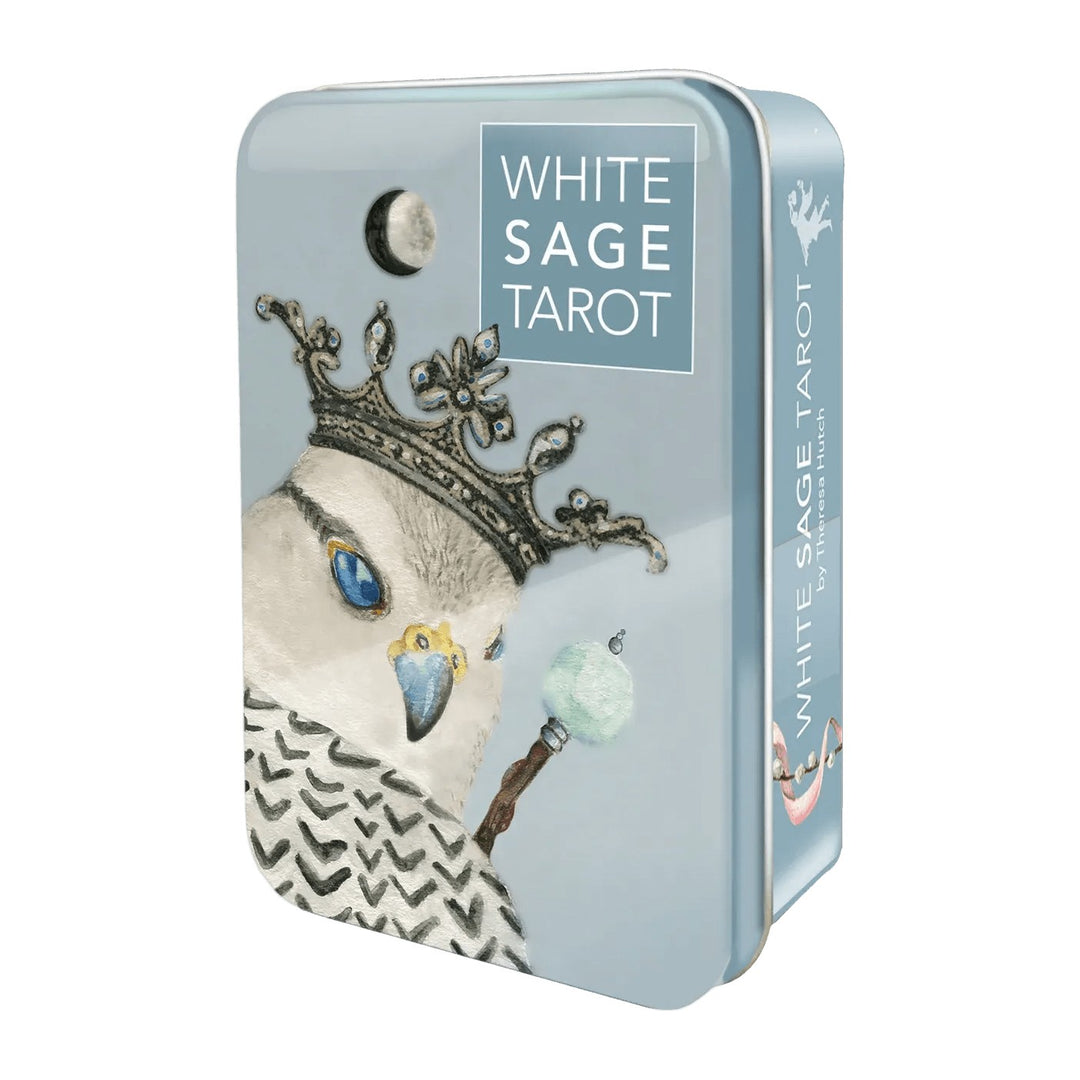 White Sage Tarot tin, showing a crowned bird