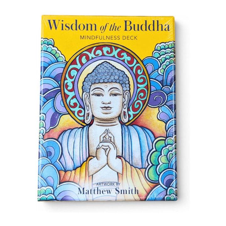 Wisdom of the Buddha mindfulness deck box front, artwork by Matthew Smith, with a seated Buddha