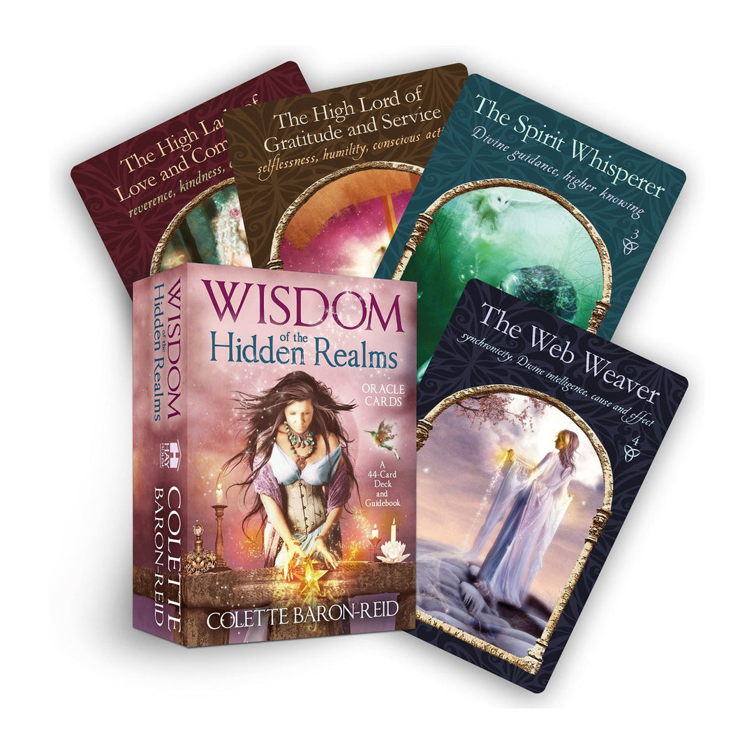 Wisdom of the Hidden Realms Oracle Cards deck box by Colette Baron-Reid, with The Web Weaver and three more cards