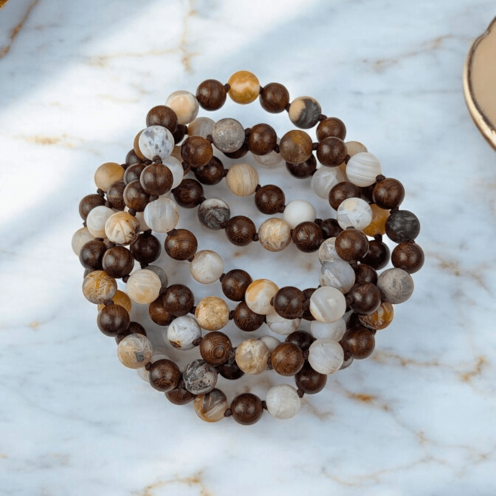 Hand-knotted Wood and Agate mala necklace