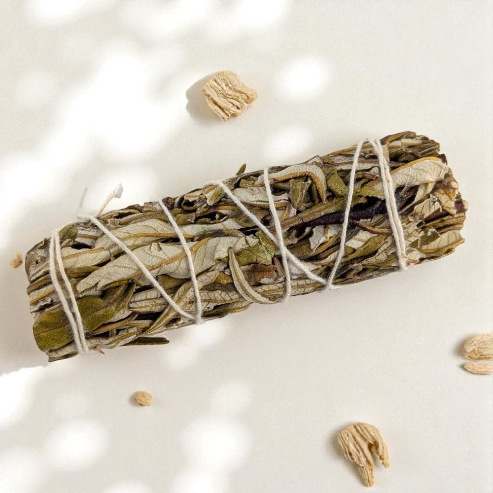 Bundled yerba santa smudge stick on a white background source by new age store in barrie