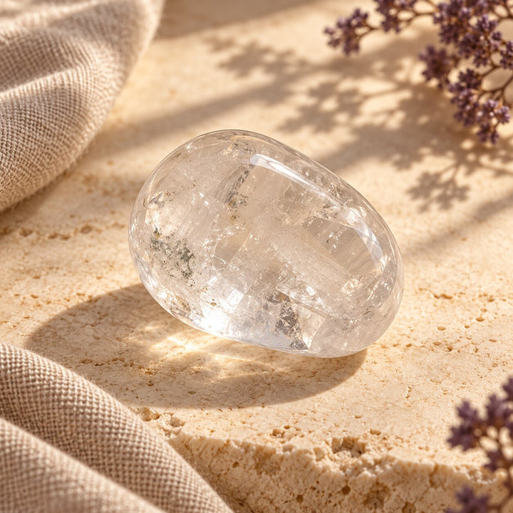 One clear quartz tumble with natural inclusions styled on warm limestone.
