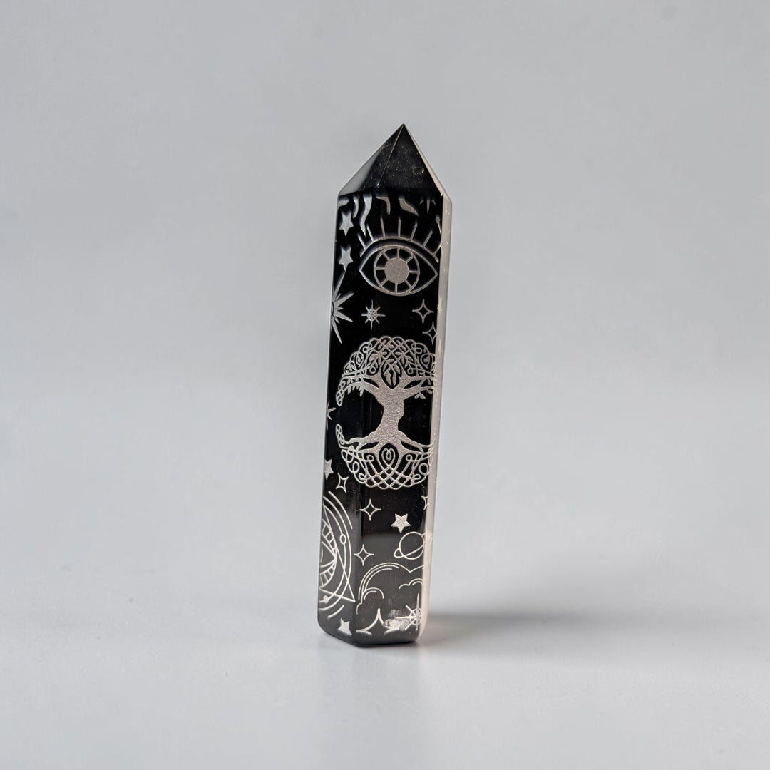 Zen Collection black obsidian crystal tower with intricate silver engraved tree of life and celestial symbols