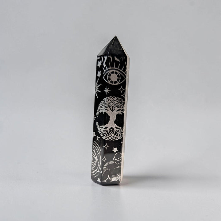 Zen Collection black obsidian crystal tower with intricate silver engraved tree of life and celestial symbols