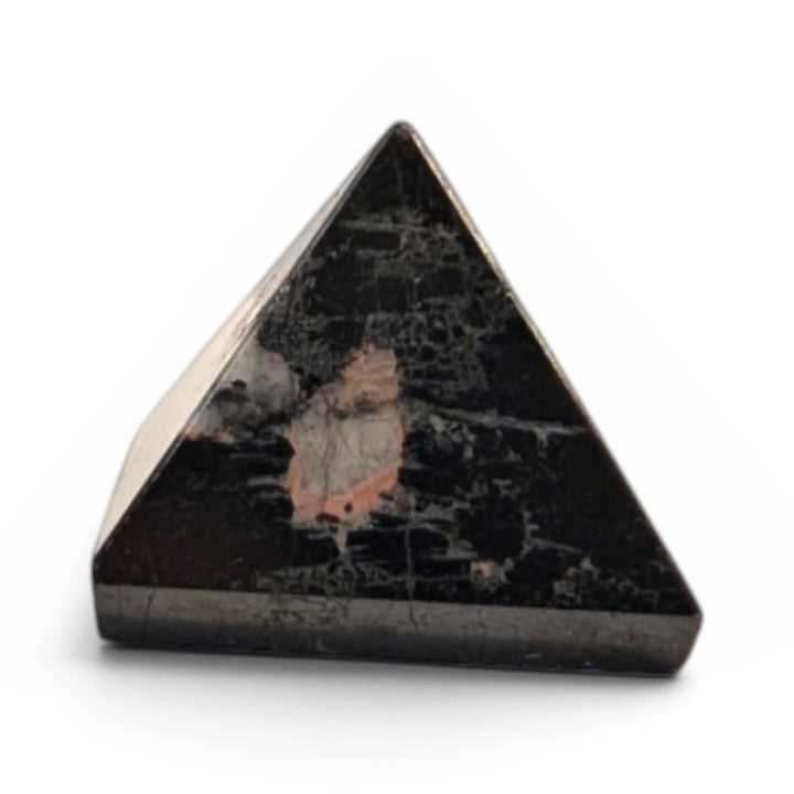 Zen Collection black tourmaline crystal pyramid with natural mineral inclusions on a soft white background