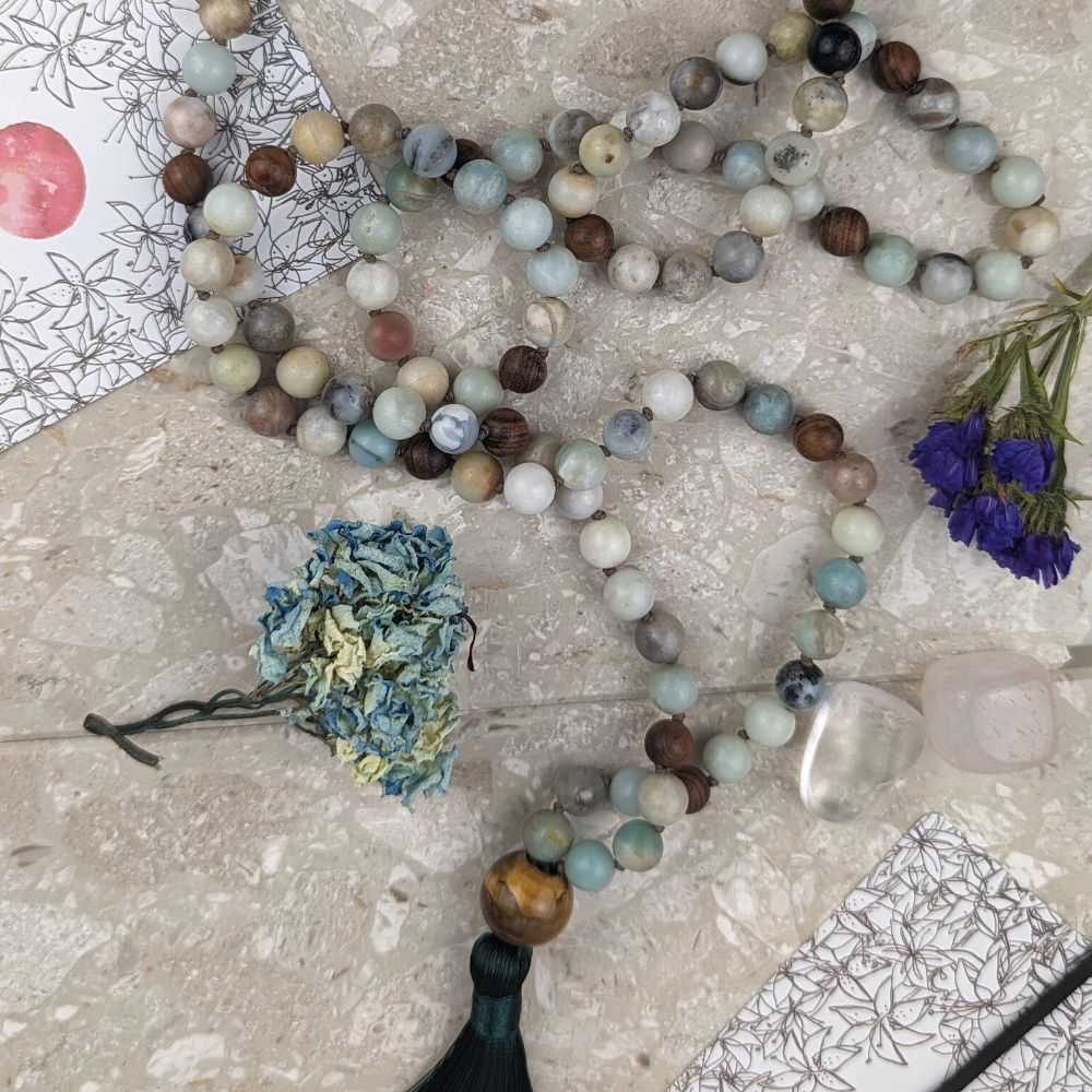 Amazonite and Sandalwood Mala - Zen Collection