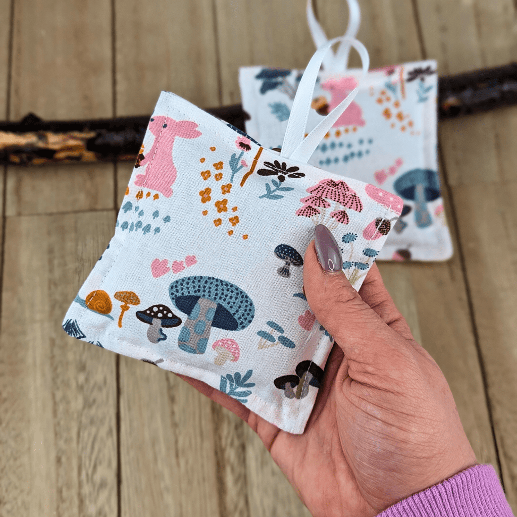 Handmade sachets with lavender buds and forest print