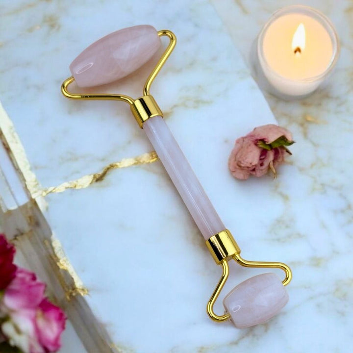 Rose Quartz Facial Roller  with gold accents.- Zen Collection
