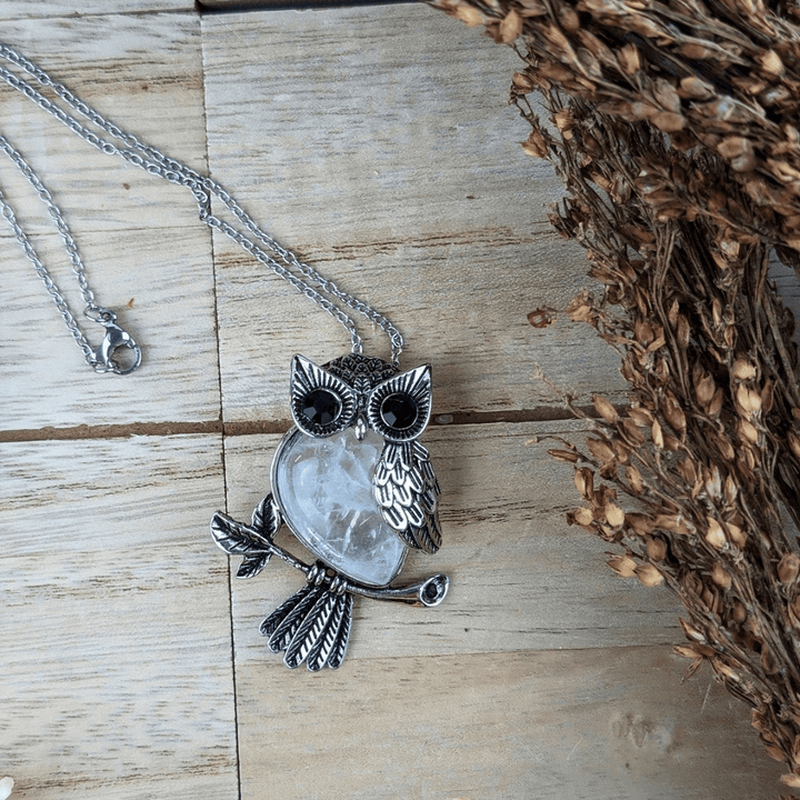Collier hibou en quartz clair