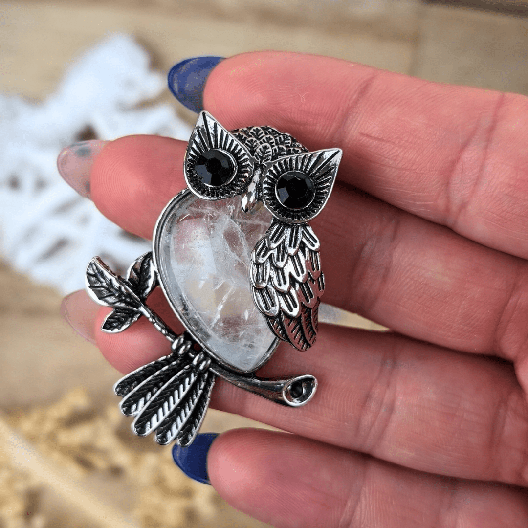 Collier hibou en quartz clair