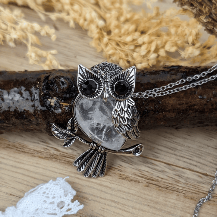 Collier hibou en quartz clair