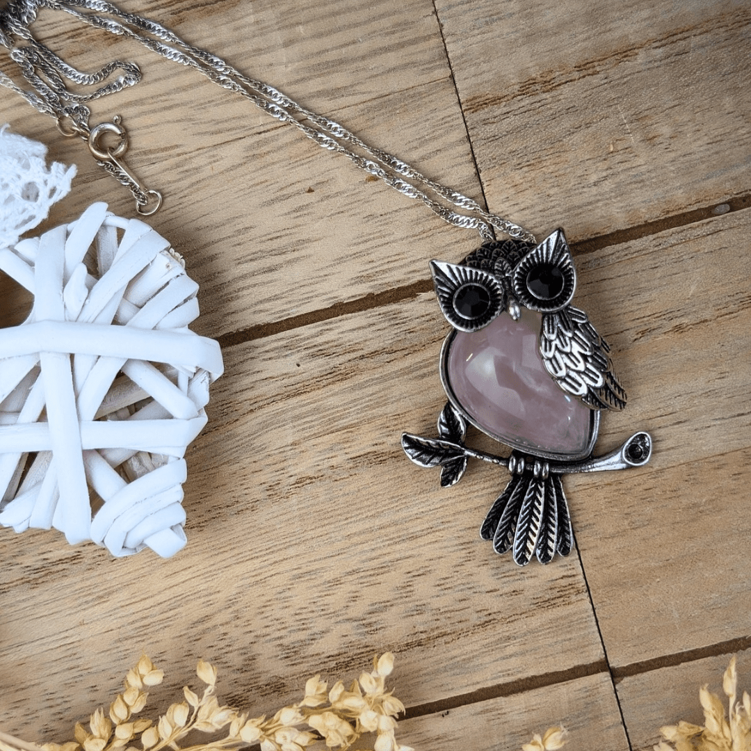 Collier Hibou en Quartz Rose