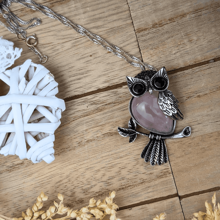 Collier Hibou en Quartz Rose