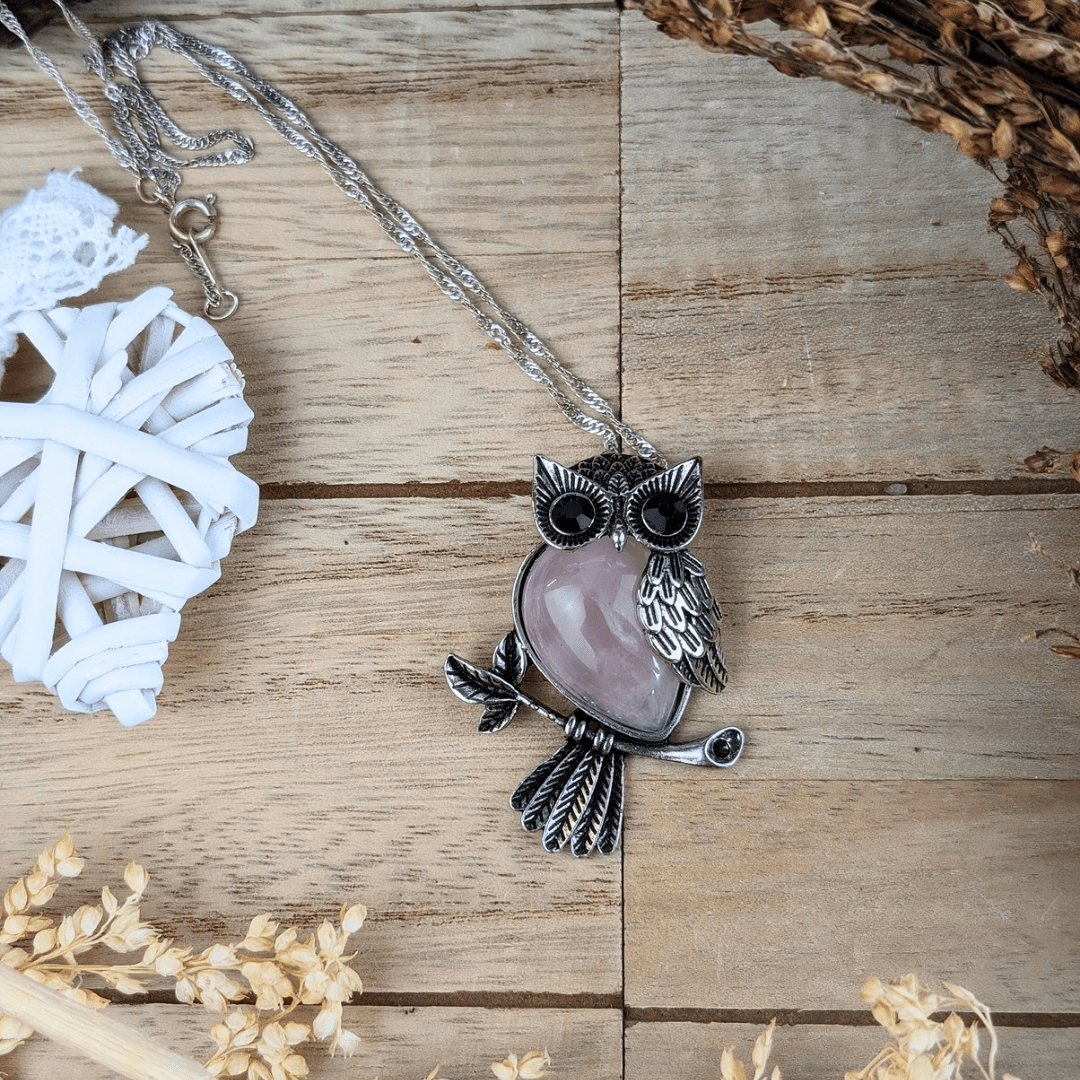 Collier Hibou en Quartz Rose