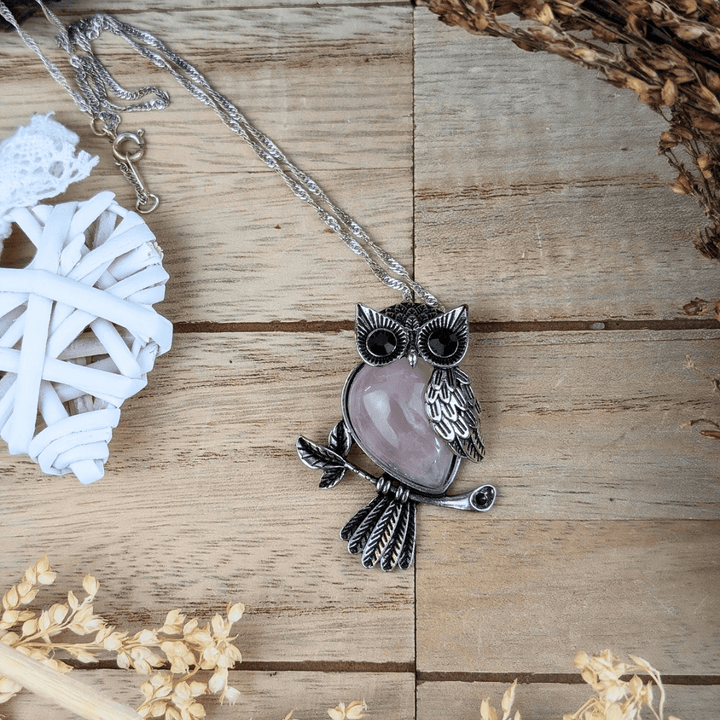 Collier Hibou en Quartz Rose