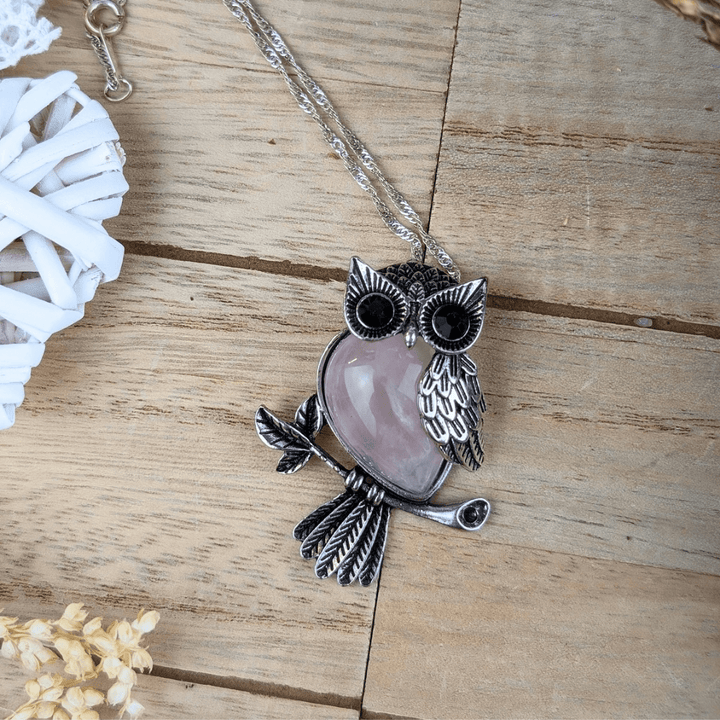 Collier Hibou en Quartz Rose
