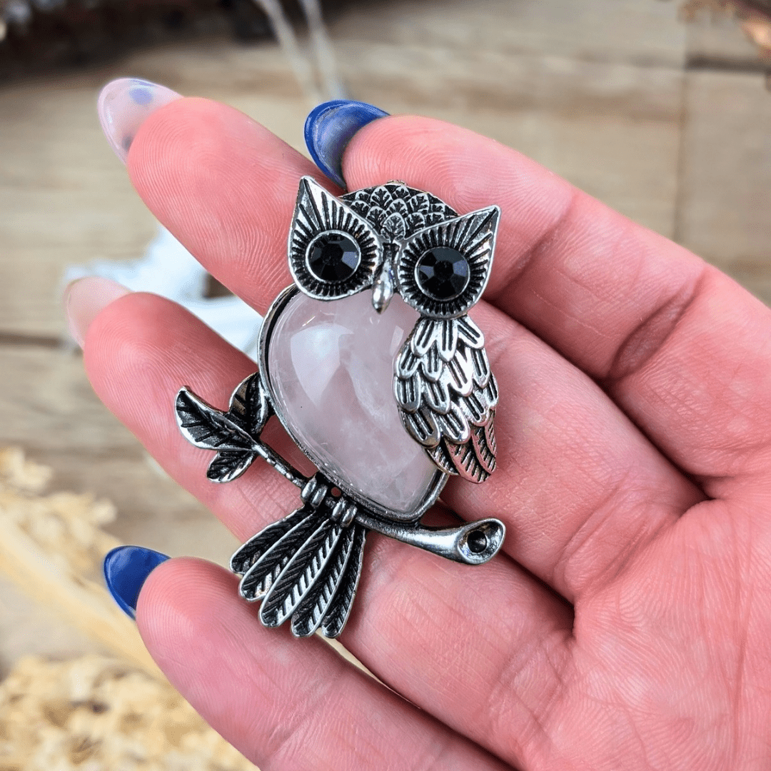 Collier Hibou en Quartz Rose