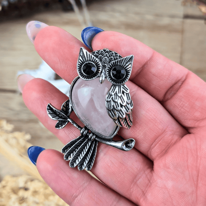 Collier Hibou en Quartz Rose