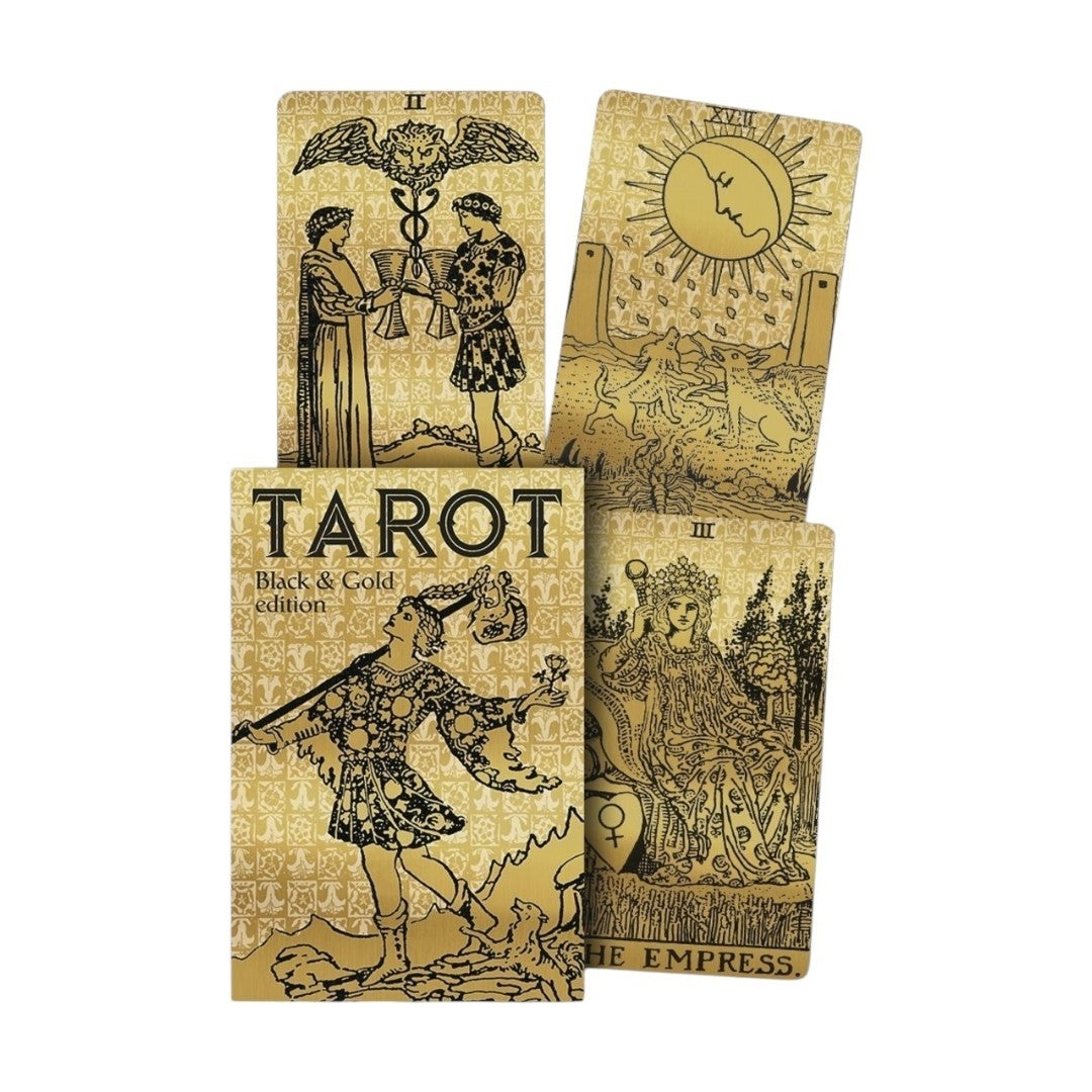 Zen Collection Tarot Black & Gold Edition deck featuring 78 cards with intricate gold foil illustrations on black.