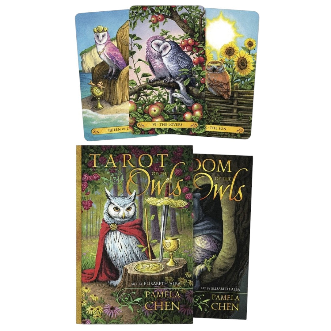 Zen Collection Tarot of the Owls deck featuring mystical owl illustrations by Elisabeth Alba and a companion guidebook.