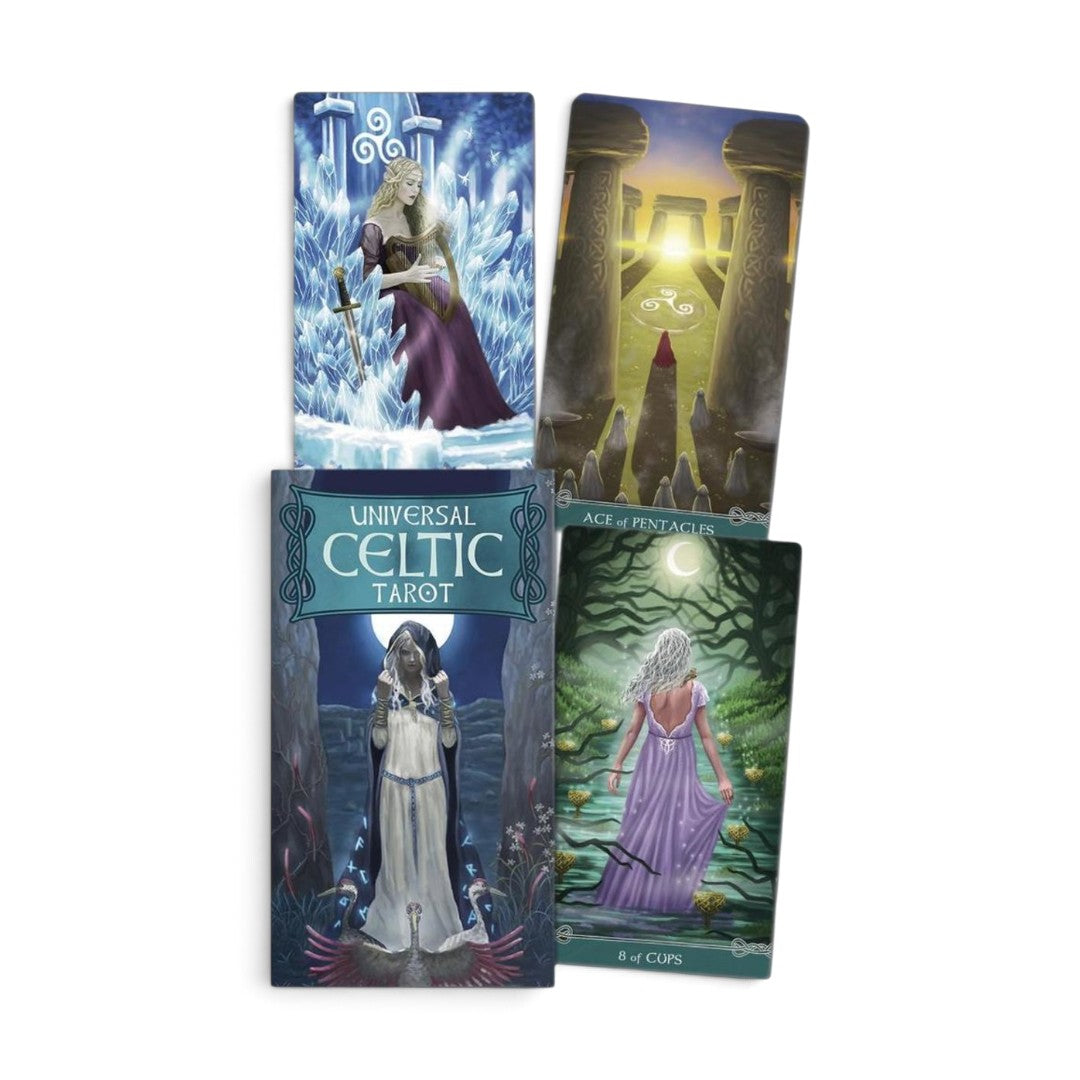Zen Collection Universal Celtic Tarot deck featuring 78 cards with mystical Celtic artwork and spiritual imagery.