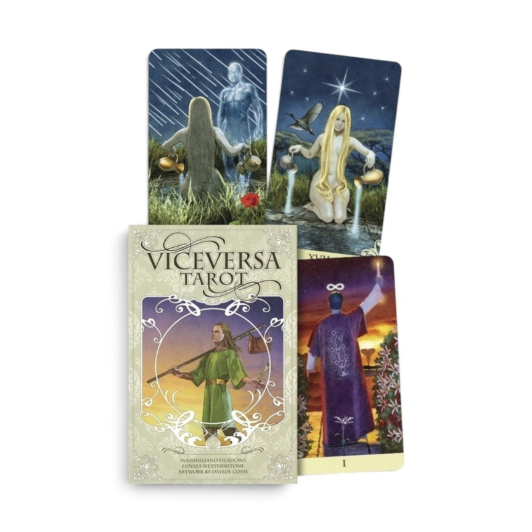 Zen Collection Vice Versa Tarot Kit featuring a decorative box and three illustrated tarot cards with mystical art.