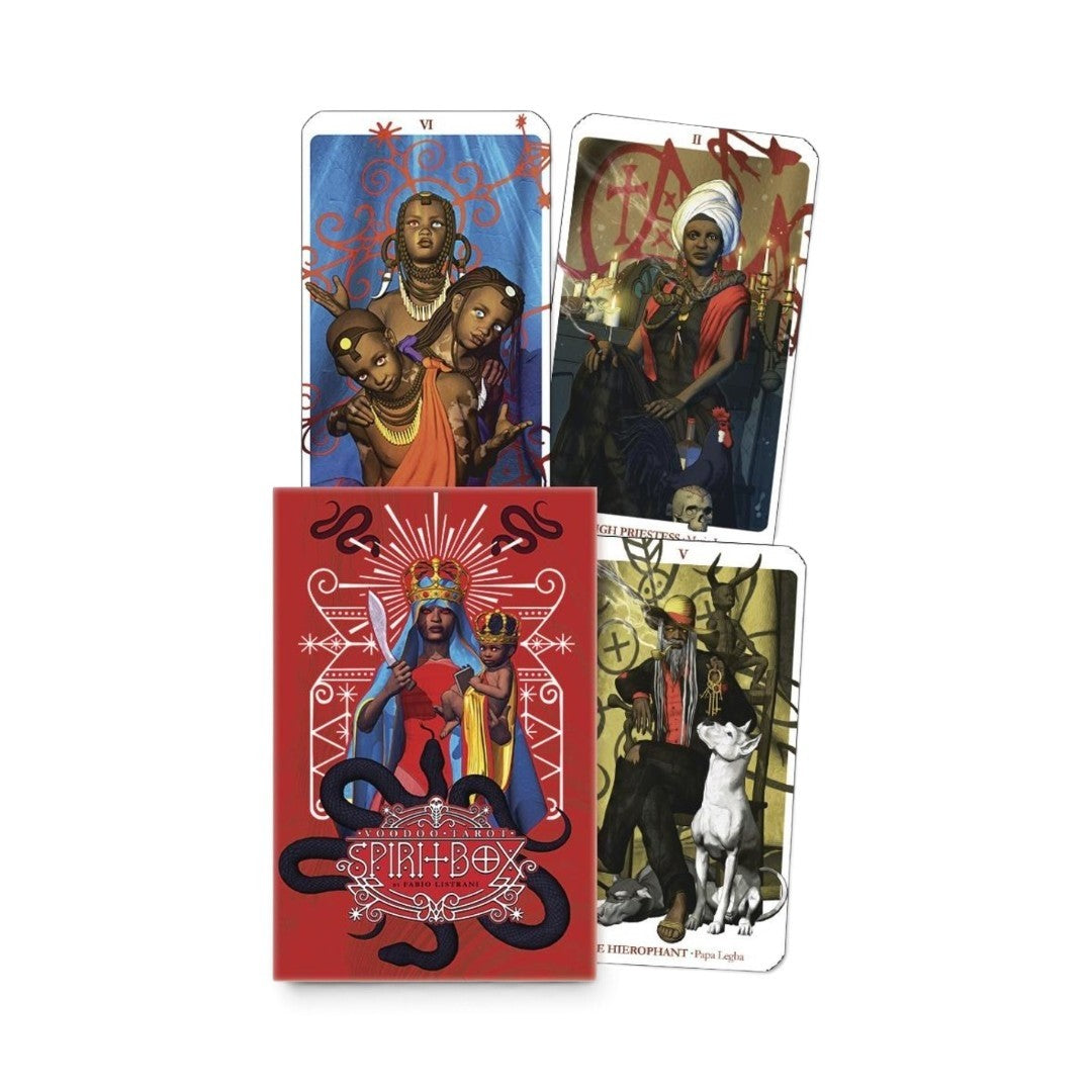 Zen Collection Voodoo Tarot Spirit Box Kit with illustrated tarot cards featuring spiritual and cultural imagery.
