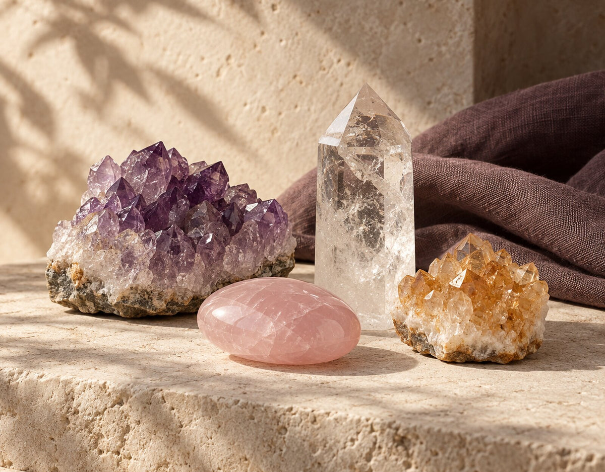 Natural crystals styled on warm limestone for Zen Collection’s Crystals collection.