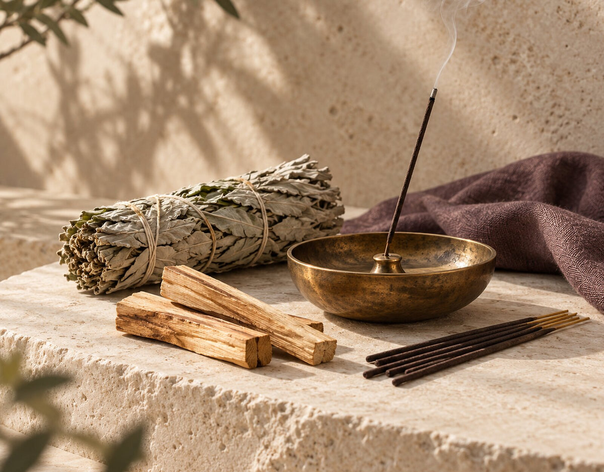 Cleansing herbs, palo santo and incense styled on warm limestone for Zen Collection’s Incense & Cleansing collection.