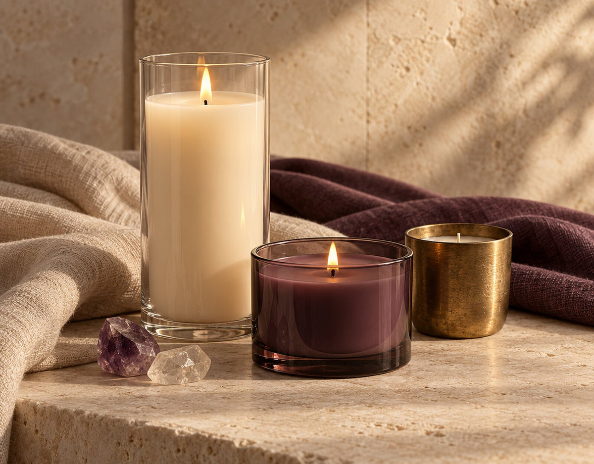 Ritual candles styled on warm limestone for Zen Collection’s Ritual Candles collection.