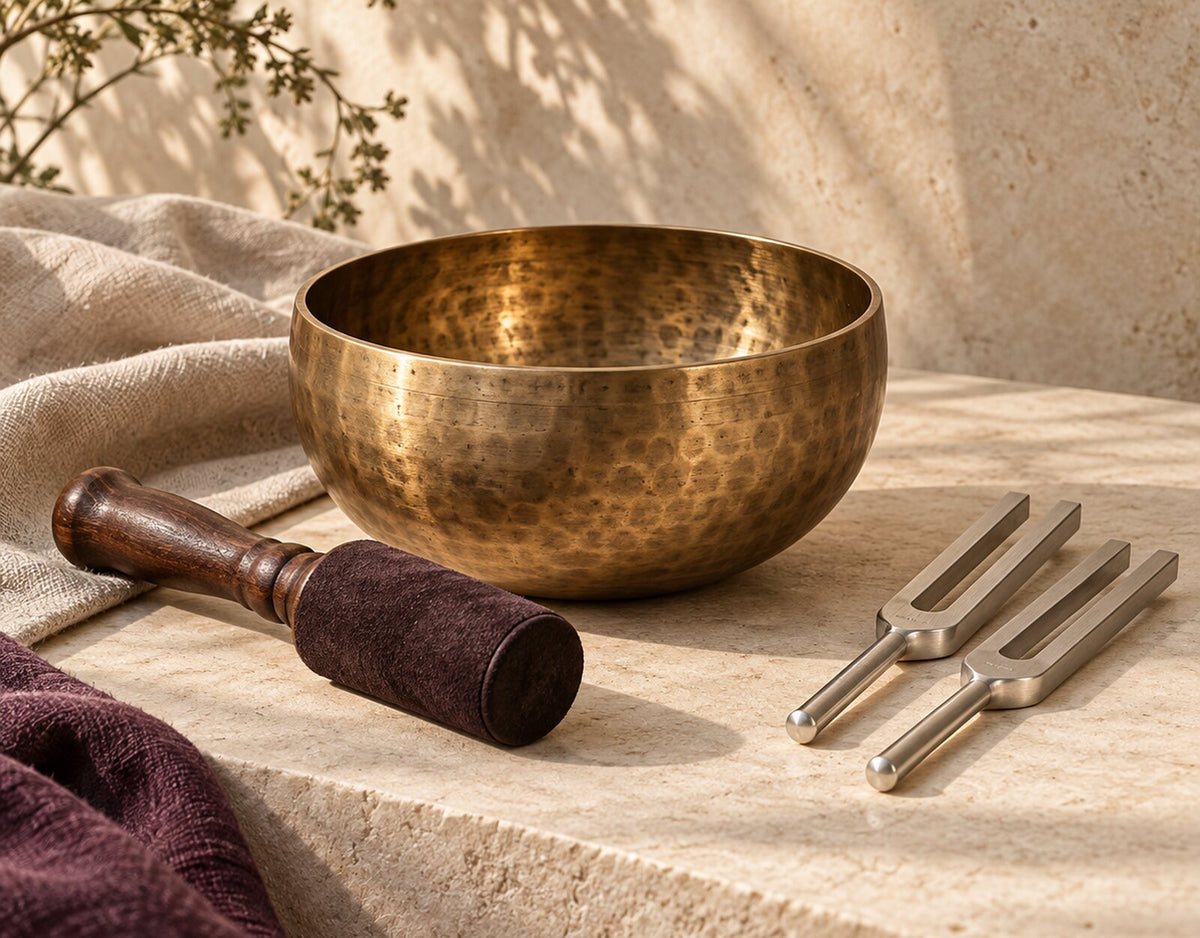 Singing bowl, mallet and tuning forks styled on warm limestone for Zen Collection’s Sound Healing collection.