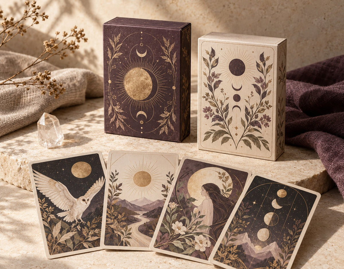 Tarot and oracle cards styled on warm limestone for Zen Collection’s Tarot & Oracle collection.